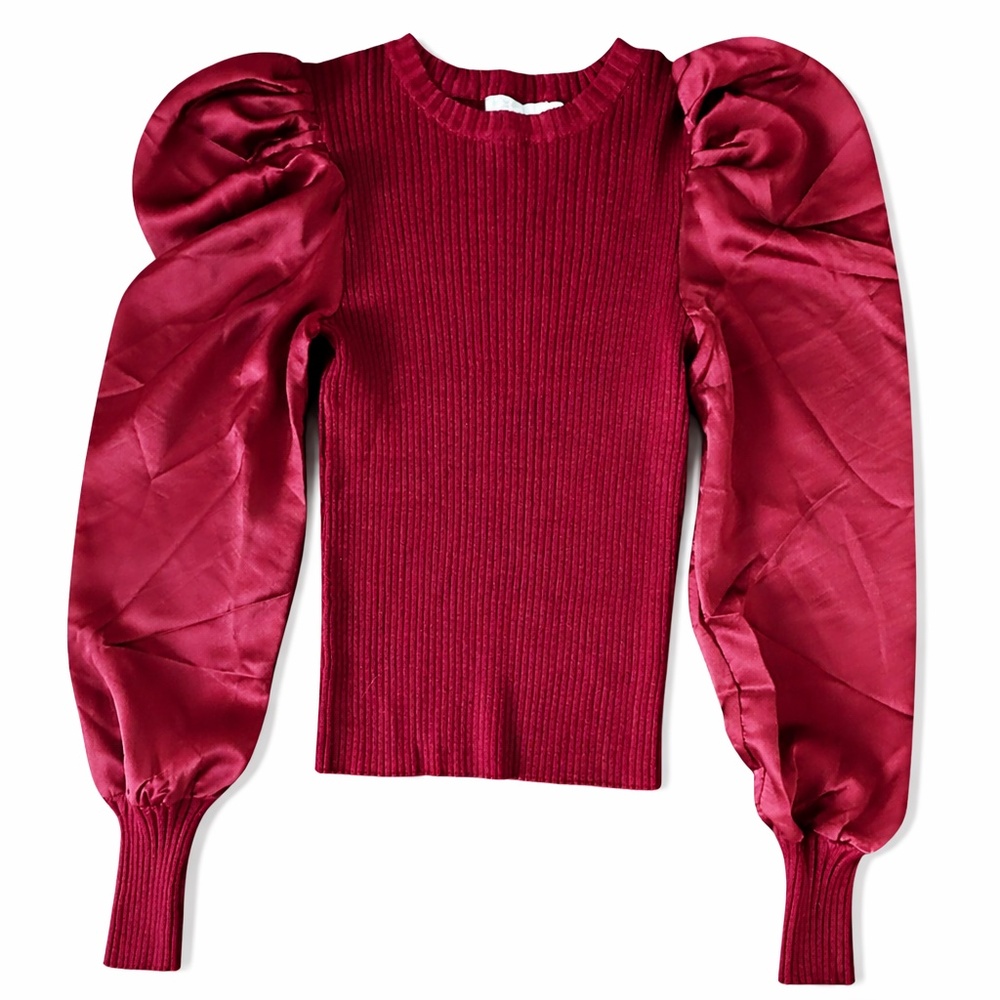 Red by BKE Maroon Ribbed Knit Top Large Satin Puff Sleeve Statement Sweater
